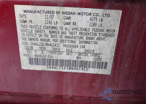2008 Nissan Altima 2.5 S from USA, damaged, VIN 1N4AL21E58N461412